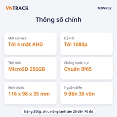 Thông số chính MDVR02: 4 mắt AHD, 1080p, thẻ nhớ 256GB, chuẩn IP65