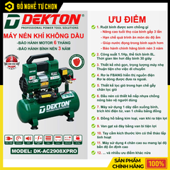  Máy Nén Khí Không Dầu Dekton DK-AC2908XPRO – Bền Bỉ, Vận Hành Êm, Bảo Hành Bình Nén 3 Năm, Hàng Chính Hãng, Có VAT