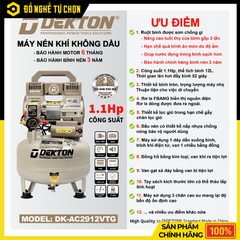 Máy Nén Khí Không Dầu Dekton DK-AC2912VTG 12L 1.1HP Lên Hơi Siêu Nhanh 52 Giây – Hàng Chính Hãng, Có VAT