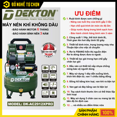 Máy Nén Khí Không Dầu Dekton DK-AC2912XPRO 12L 1.5HP Lên Hơi Nhanh Công Nghệ Giảm Ồn – Hàng Chính Hãng, Có VAT