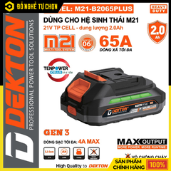 Pin Li-ion Dekton M21-B2065PLUS 21V 2.0Ah – Dòng Xả Cao 65A, Công Nghệ Gen 3 – Hiệu Suất Mạnh Mẽ – Hàng Chính Hãng, Có VAT