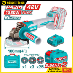 Máy Mài Góc Dùng Pin TOTAL TAGLI4128102 – 42V Không Dây – 2 Pin 2.5Ah + 1 Sạc – Công Suất 1280W – Chính Hãng Có VAT