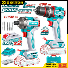 Bộ Combo Máy Khoan Búa & Máy Siết Vít Không Chổi Than Dùng Pin 20V Total TCKLI20277 – TIDLI206681 + TIRLI20281 – 2 Pin 2Ah & Sạc Nhanh – Hàng Chính Hãng Có VAT