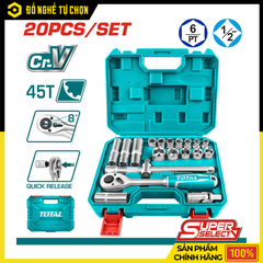 Bộ 20 Đầu Tuýp 1/2 Inch Total THT121201 Thép Cr-V Chịu Lực Cao, Kèm Tay Vặn 45 Răng Chuyên Nghiệp | Hàng Chính Hãng, Có VAT