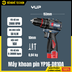 Máy Khoan Pin 10mm YUP YP16-DR10A – 3 Chức Năng Khoan/Vít/Búa, Lực Siết 50Nm, Đa Năng Mạnh Mẽ | Hàng Chính Hãng, Có VAT