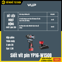 Máy Vặn Vít Pin YUP YP16-W150B – Lực Siết 150Nm, 3 Cấp Chỉnh Lực, Nhỏ Gọn Mạnh Mẽ | Hàng Chính Hãng, Có VAT