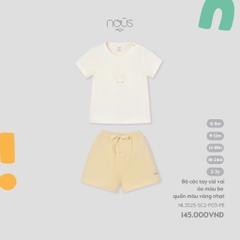 NOUS:MINI:-:Bộ:cộc:tay:cài:vai:áo:màu:be:quần:màu:vàng:nhạt:-:6-9M:-:SS25.T4B