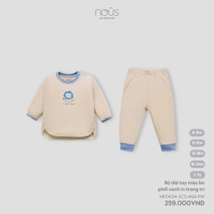 NOUS - Bộ dài tay màu be phối xanh in trang trí 6M - SS24.T8A