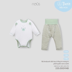 NOUS - Bộ body dài tay trắng in trang trí phối quần caro xanh