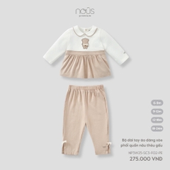 NOUS - Bộ dài tay áo dáng xòe phối ca rô nâu thêu gấu -SS25.T9A