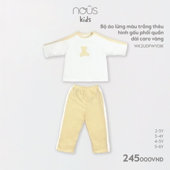 NOUS - Bộ áo lửng màu trắng thêu hình gấu phối quần dài caro vàng 4Y - Kids