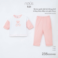 NOUS - Bộ áo quần dài kẻ hồng phối trắng thêu đắp con gấu Nous - Kid - 2Y - ZTD
