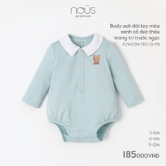NOUS - Body suit dài tay màu xanh cổ đức thêu trang trí trước ngực  - Nu Pre - 3M - SS23.9