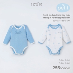 NOUS:-:Set:2:Body:chip:dài:tay:màu:trắng:in:họa:tiết:phối:xanh:-:6-9M:-: