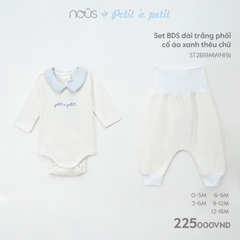 NOUS - Set BDS dài trắng phối cổ áo xanh thêu chữ - Nu Petit - 3M