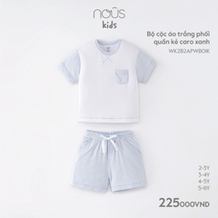 NOUS - Bộ cộc áo trắng phối quần kẻ caro xanh