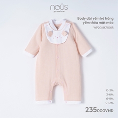 NOUS - Body dài yếm kẻ hồng yếm thêu mặt mèo - Nu Pre - 3M