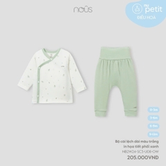 NOUS - Bộ cài lệch dài màu trắng in họa tiết phối xanh - Nu Petit - 3M - SS24.T10B