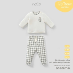 NOUS - Bộ dài tay áo trắng phối quần ca rô ghi họa tiết 9M - 9-12M - SS25.T10A