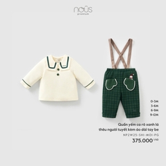 NOUS S10 - Quần yếm ca rô xanh lá thêu người tuyết kèm áo dài tay be - 0-3M - SS25.XMAS
