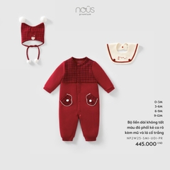 NOUS - Body dài không tất màu đỏ phối kẻ ca rô kèm mũ và lá cổ trắng - SS25.XMAS - èm mũ và lá cổ trắng - 3-6M