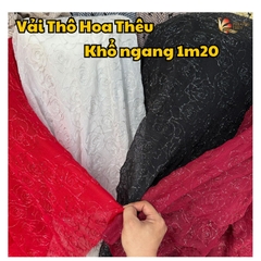 Vải thô ren thêu hoa hồng ánh kim Phượng Thúy khổ 1m20