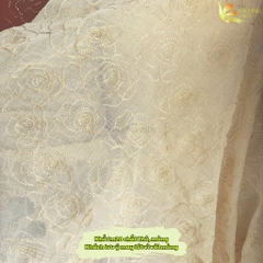 Vải thô ren thêu hoa hồng ánh kim Phượng Thúy khổ 1m20