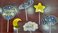 Set Cắm Happy Mây Trăng Xanh Phụ Kiện Trang Trí Bánh