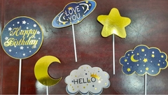Set Cắm Happy Mây Trăng Xanh Phụ Kiện Trang Trí Bánh