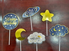 Set Cắm Happy Mây Trăng Xanh Phụ Kiện Trang Trí Bánh