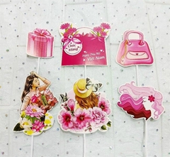 Set Cắm 20/10 Phụ Kiện Trang Trí Bánh Cô Gái Hồng Giỏ