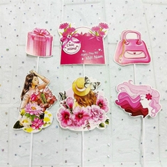 Set Cắm 20/10 Phụ Kiện Trang Trí Bánh Cô Gái Hồng Giỏ