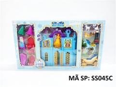 SS045C HỘP NỘI THẤT LÂU ĐÀI PIN NÚT NHẠC ĐÈN + XE NGỰA + GHẾ, GƯƠNG, TỦ + 2C BABY TRAI GÁI + MÈO, SÓC