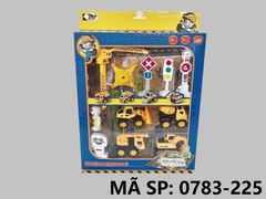 _0783-225 HỘP XE CÔNG TRÌNH SẮT TRỚN 4C ĐỦ MẪU + TRỤC CẨU, BIỂN BÁO, NGƯỜI 11 MIẾNG