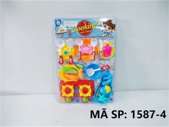 1587-4 VỈ ÉP BẾP GAS ĐÔI, THAU, RỔ CÁ, CHẢO, DĨA, BẮP, CÀ TÍM, CUA, DAO, MUỖNG, NĨA