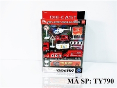 TY790 VỈ HỘP XE CÔNG TRÌNH CỨU HỎA, XE HƠI, MÁY BAY TRỰC THĂNG, CONTAINER SẮT TRỚN 6C ĐỦ MẪU + BIỂN BÁO TL 1:87