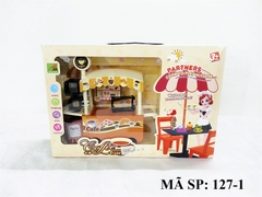 127-1 HỘP KỆ BẾP XE ĐẨY CÀ PHÊ , BÁNH KEM + BÀN + 2 GHẾ (NÂU)