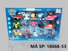 18668-53 HỘP CHÓ CỨU HỘ LÁI XE, TÀU 6C + 8C CHÍT CHÓ + XE MOTO + 2 NGƯỜI Paw Patrol