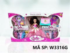 W3316G HỘP BABY 1C KHỚP, MẮT THỦY TINH, 10 ÁO, 2C GƯƠNG, 2C TÚI XÁCH, BONG BÓNG