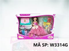 W3314G HỘP BABY 1C KHỚP, MẮT THỦY TINH, 4 ÁO, TÚI XÁCH + 2 CHÓ, GIỎ, KHÂY ĂN Baby Quyến rũ