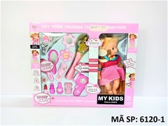 6120-1 HỘP VALI TRANG ĐIỂM MÁY SẤY, VƯƠNG MIỆN, KẸP TÓC, LƯỢC, GƯƠNG, CÂY CHỚP PIN, + 1C BABY ĐẦM NƠ (MY KIDS)