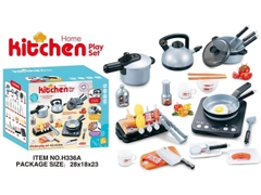 H336A  HỘP BẾP ĐIỆN PIN, LÒ NƯỚNG, 2 NỒI, 1 CHẢO, ẤM NƯỚC, CHÉN DĨA, DAO, THỚT, GIÁ  H336A