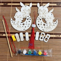 Set lồng đèn trung thu bằng gỗ tự tô màu cho bé (đủ phụ kiện đèn led, tua rua, màu, tay cầm) - Tết trung thu
