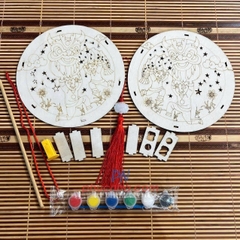 Set lồng đèn trung thu bằng gỗ tự tô màu cho bé (đủ phụ kiện đèn led, tua rua, màu, tay cầm) - Tết trung thu