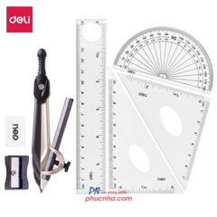 Bộ dụng cụ học sinh 8 món Deli G30404 compa chì kim, bộ thước, gôm, chuốt hộp mica (12)