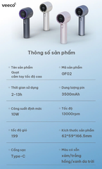 Quạt sạc cầm tay tốc độ cao có màn hình hiển thị pin, độ gió