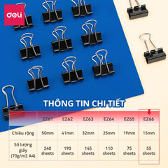 Kẹp bướm đen Deli Z61-51mm/ Z62-41mm/ Z63-32mm/ Z64-25mm/ Z65-19mm/ Z66-15mm (12)