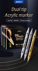 Bút lông màu acrylic nhũ Metalic Baoke MP2960 2 đầu 1-5mm (12) - Trắng/ Bạc/ Vàng