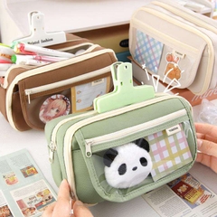 Bóp viết vải 4 ngăn viền trắng 3 dây kéo 1 nút hít có nắp trong 12x21x7cm 002 (6 màu trơn)
