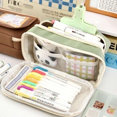 Bóp viết vải 4 ngăn viền trắng 3 dây kéo 1 nút hít có nắp trong 12x21x7cm 002 (6 màu trơn)